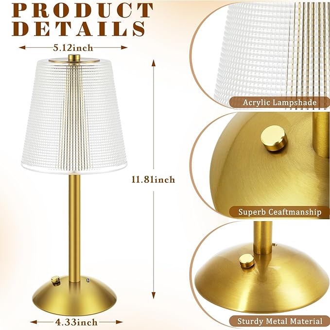 Liliful 2 Pcs LED Portable Cordless Table Lamp Touch Battery Operated Rechargeable Desk Lamp 3 Color Dimmable for Bedroom Living Room Dining (Retro Style,Gold)-Ruum Studio Home