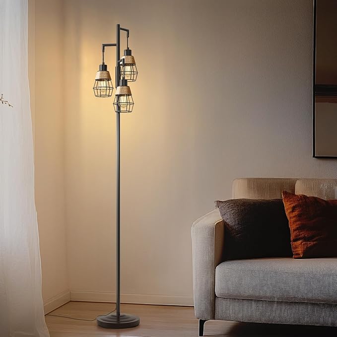 Oneach 68" Floor Lamps for Living Room, Stepless Dimmable Boho Floor Lamp with 3 Bulbs, Tall Farmhouse Industrial Corner Standing Tree Lamp for Bedroom, Office, Study Room, Dining Room, Black-Ruum Studio Home