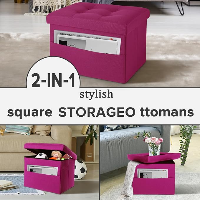 LINMAGCO Storage Ottoman Folding Foot Stool Foot Rest with Side Pocket Modern Ottoman with Storage Short Sofa Stool Linen Cloth 17x13x13(ROSEO)-Ruum Studio Home