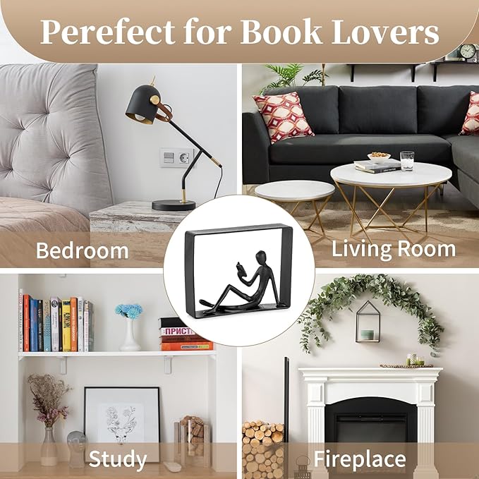 Sziqiqi Book Ends for Shelves Decorative: Cast Iron Bookends for Books Cute Statue Book Ends on Bookshelf Human Sculpture Decoration - Geometric Bookend Unique Gift for Shelves Room Office Decorative-Ruum Studio Home