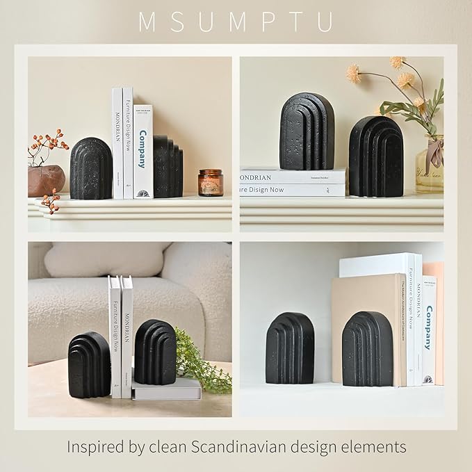 Decorative Bookends for Shelves, Set of 2 Book Ends for Heavy Books, Layered Arch Design Black Bookend-Ruum Studio Home