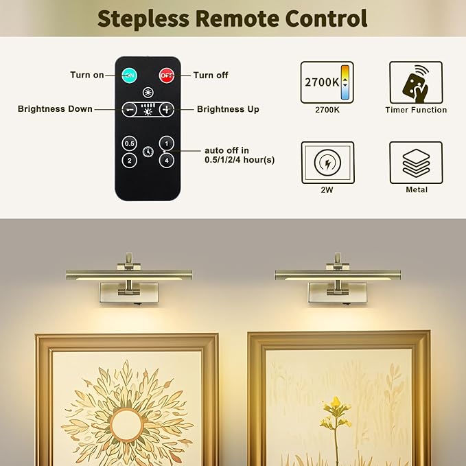 Wireless Picture Lights Rechargeable Gallery Lighting Battery Picture Frame Light with Remote and Timer, Adjustable Art Light for Paintings, Portraits, Antique Bronze Finish 12'' Inch 2W 2700K-Ruum Studio Home
