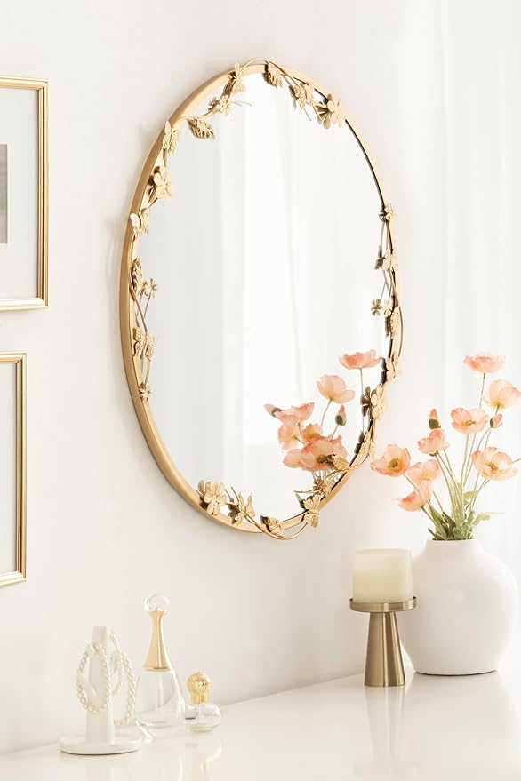 Kate and Laurel Rosella Modern Ornate Round Wall Mirror, 26 Inch Diameter, Gold, Circle Mirror with Floral Detailing for Use as Bathroom Mirror for Over Sink or Cute Nursery Mirror Decor-Ruum Studio Home