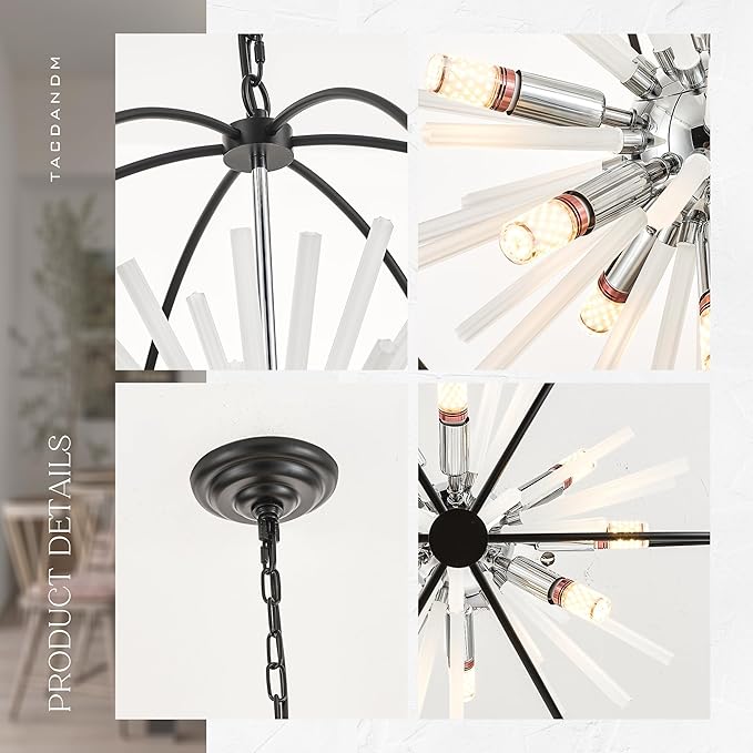 23.6" Black Chrome 12-Light Globe Sputnik Chandelier Modern Adjustable Hanging Ceiling Glass Tube Pendant Light Fixture for Entryway Foyer Staircase Dining Living Room Hallway-Ruum Studio Home