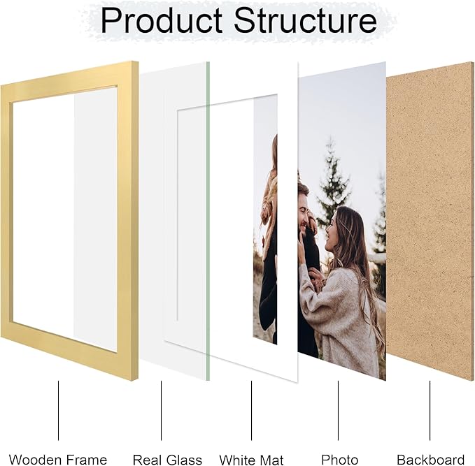 10x14 Picture Frame Set of 4, 10 x 14 Wood Photo Frames with Mat for 8x12 or 30x40cm Diamond Painting Art, Wooden Frame with Real Glass Cover for Wall and Tabletop Display,Gold-Ruum Studio Home