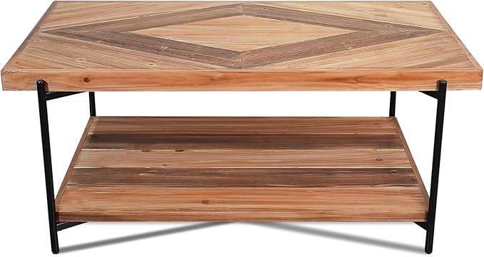 CONSDAN StoneCreek Coffee Table, Solid Fir Wood & Metal Frame, 2-Tier Industrial Farmhouse Table for Living Room/Office, 44" Rectangular Table-Ruum Studio Home