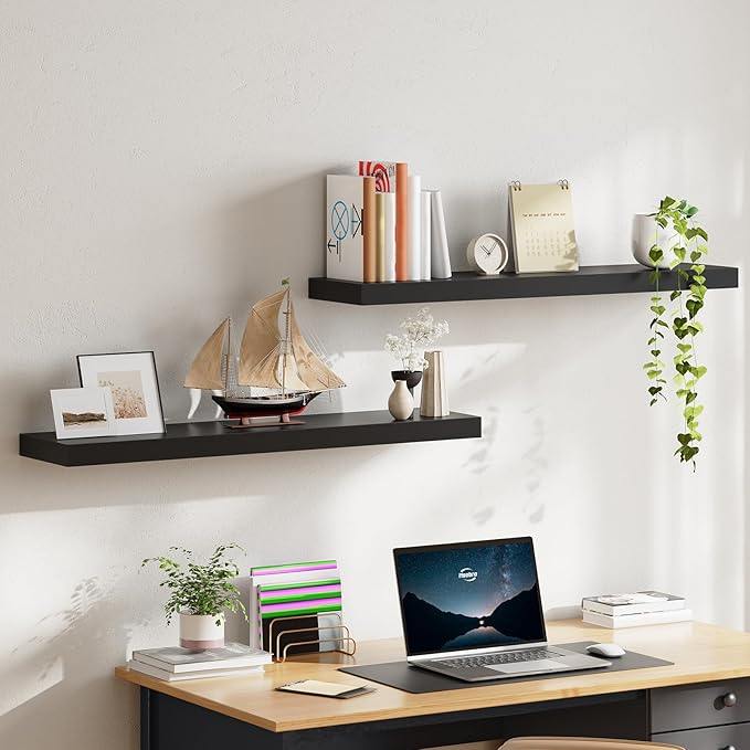 HOOBRO Floating Shelves for Wall, Wall Mounted Shelf Set of 2, 39.4" Hanging Shelf with Invisible Brackets, for Wall in Bathroom, Bedroom, Toilet, Kitchen, Livingroom, Office, Black BK100BJP201-Ruum Studio Home
