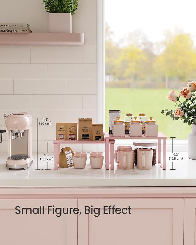 SONGMICS Cabinet Organizer Shelf, Set of 2 Kitchen Counter Shelves, Kitchen Storage, Spice Rack, Stackable, Expandable, Metal and Engineered Wood, Jelly Pink UKCS020S01-Ruum Studio Home
