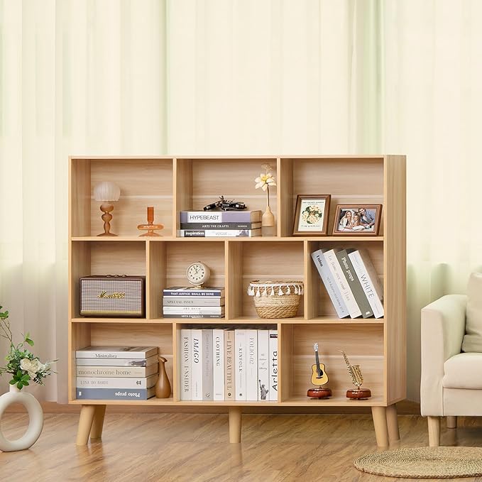 LEYAOYAO 10 Cube Bookshelf,3 Tier Modern Wide Bookcase with Legs,Mid-Century Wood Bookshelves Storage,Natural Large Book Case,Freestanding Organizer Display Shelf for Bedroom,Living Room,Office-Ruum Studio Home