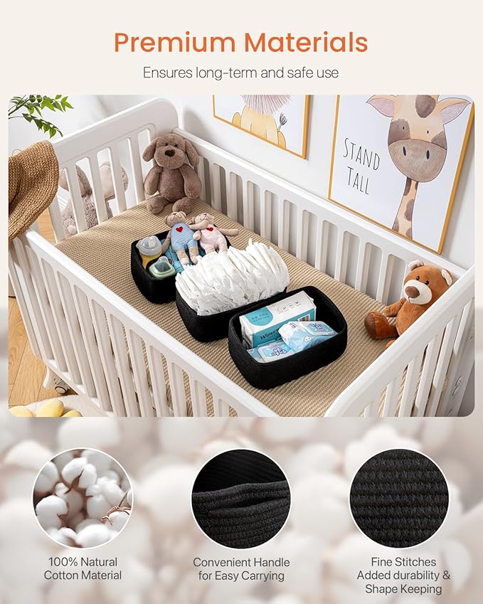 KALLAX Small Woven Basket, 12 x 8 x 4.5 Inches, Storage Basket for Organizing, Cute Small Rope Shelf Closet Cube Storage Bins Baskets for Shelves, Dog Toy Gift Baskets Empty, 3 Packs, Black-Ruum Studio Home