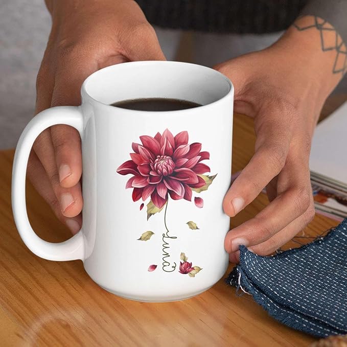 Dahlia Flower Design Coffee Mug, Personalized Name On Red Floral Cup, Custom Ceramic Mug For Flower Lovers, Customized Dahlia Accent Cup 11oz Or 15oz, Floral Decorative Mug Gift-Ruum Studio Home