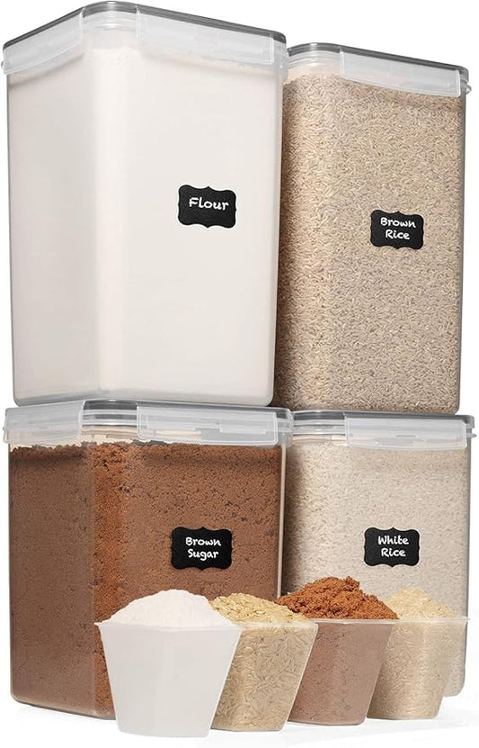WHITE FEATHER SUPPLIES 4 Pc Flour Sugar Storage Container, Large Food Storage Containers with Lids Airtight for Kitchen, BPA Free Plastic Cereal Containers Storage [2 X 6.5 + 2 X 5.2] 4 Measuring Cup-Ruum Studio Home