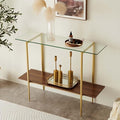 Glass Console Table for Living Room, Foyer & Entrance, 2-Tiers Mid-Century Modern Sofa Table with Clear Glass Top, Walnut Finish Wood Top and Gold Finish Metal Frame-Ruum Studio Home