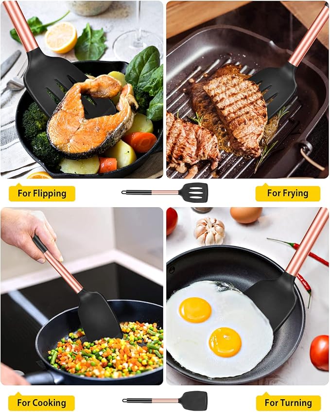 Pack of 2 Silicone Solid Turner, Non Stick Slotted Kitchen Spatulas, High Heat Resistant BPA Free Cooking Utensils, Ideal Cookware for Fish, Eggs, Pancakes(Rose Gold Black)-Ruum Studio Home
