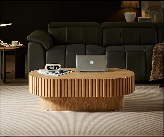 43.7" Oval Coffee Table for Living Room,Modern Handcraft Drum Coffee TableSmall Wooden Coffee Table with Sturdy Pedestal Easy Assembly for Office-Natural-Ruum Studio Home