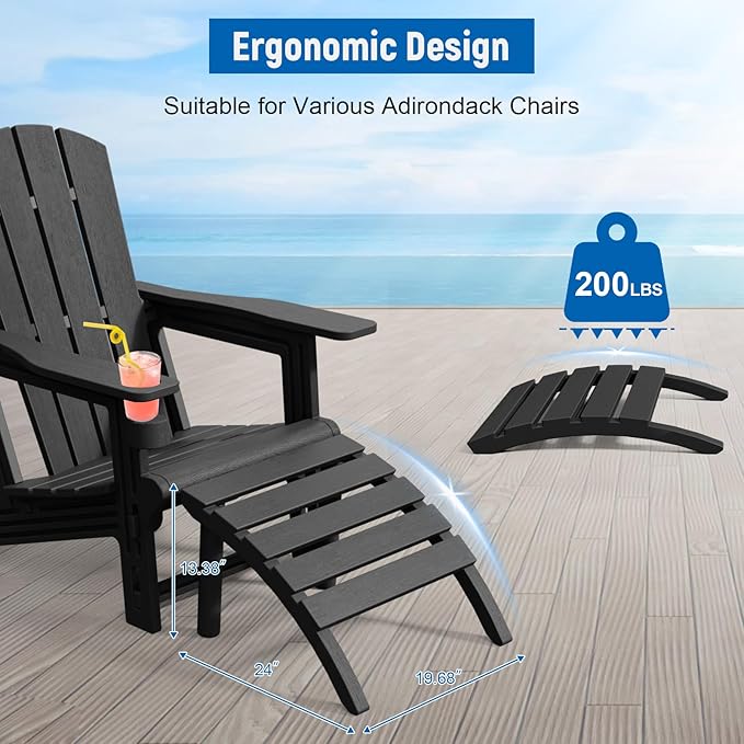 Adirondack Ottoman, HDPE Plastic Adirondack Footstool, All Weather Foot Rest for Adirondack Chair, Outdoor Footrest for Patio,Backyard, Lawn, Fire Pits, Black-Ruum Studio Home