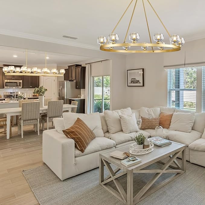 Gold Wagon Wheel Chandelier, 48 Inch Brass Chandeliers with Unique Glass Shade, 12-Light Crystal Large Wagon Wheel Chandeliers for Dining Room, High Ceiling Round Chandelier for Living Room, Foyer-Ruum Studio Home