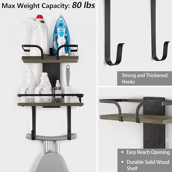 VINAEMO Ironing Board Hanger Wall Mount, 2-Layer Iron and Ironing Board Holder, Laundry Room Shelves Solid Wood with Removable Hooks Home Organization and Storage-Ruum Studio Home