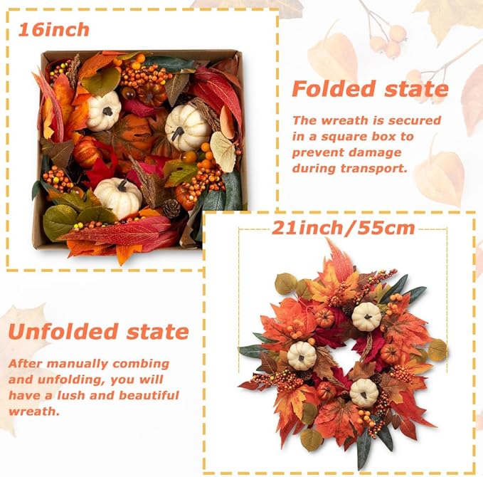 Fall Wreaths for Front Door, DECSPAS 21" Fall Wreath with Maple Leaves Pumpkin Berries, Autumn Decorations for Home, Artificial Harvest Door Wreath Outside, Window, Wall, Fireplace, Thanksgiving Decor-Ruum Studio Home