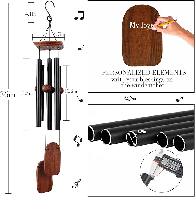 Wind Chimes for Outside Deep Tone, 36in Sympathy Wind Chimes Outdoor Clearance, Gifts for Mother's Day and Christmas, Outdoor Decor for Garden, Patio, Yard（Wood Wind Chime, Black）-Ruum Studio Home