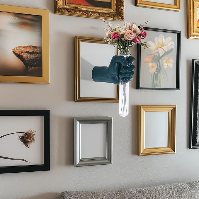 Green Wall Sculptures, Hand Vases Home Decor, Wall Mount Art Sculpture, Unique Wall Art Statue, Funky Flower Vase Decorations, Modern Eclectic Hanging Decor,Glass Test Tube Vase-Ruum Studio Home