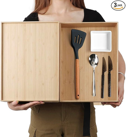Stackable Bamboo Drawer Organizer Set – 2 Boxes with 1 Lid | Wood-Laminated Trays for Kitchen Utensils, Silverware & Flatware – Fits Cabinets, Pantry, Bathroom & Office | 14.6"x10.2" (2-Pack)-Ruum Studio Home