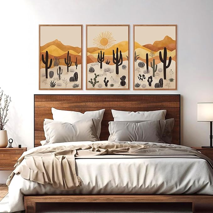 KAIRNE Cactus Canvas Wall Art,Desert Landscape Paintings,Aesthetic Abstract Prints Set of 3(16”X24”),Minimalist Farmhouse Wall Decor,Abstract Boho Artwork for Living Room Bedroom Office Decoration-Ruum Studio Home