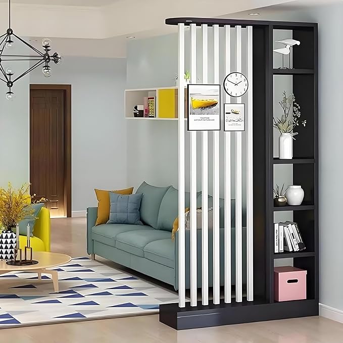 Wall Room Divider with Shelves, Freestanding Modern Wood + Metal Room Divider Screen with Storage Cabinet, Black, 1 Panel, L 31.49.478.7in-Ruum Studio Home