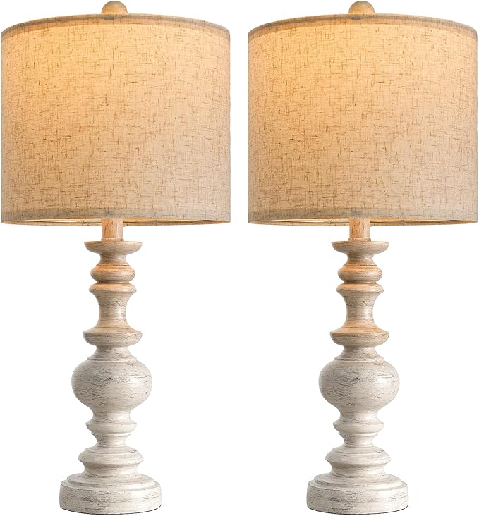 BOBOMOMO 24" Farmhouse Resin Table Lamp Set of 2, Vintage Lamps for Living Room Bedroom with Linen Shades, Traditional Rustic Bedside Lamps Retro Table Lamps for Living Room, Bedroom, Office-Ruum Studio Home