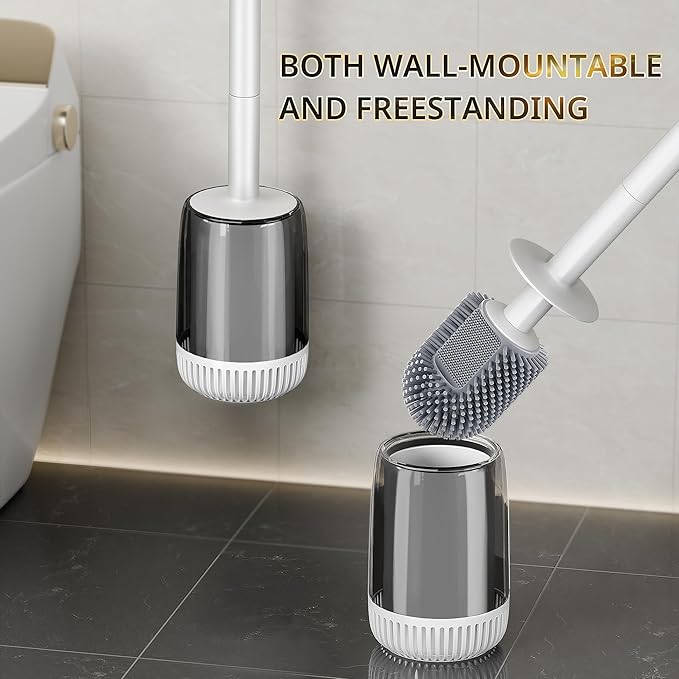 Silicone Toilet Brush and Holder Set with L-Shaped Brush Head, Wall Mounted Toilet Brush Set with Long Non-Slip Handles, Compact Toilet Bowl Cleaner Brush Suitable for RV Trailers & Bathroom (1 Pack)-Ruum Studio Home