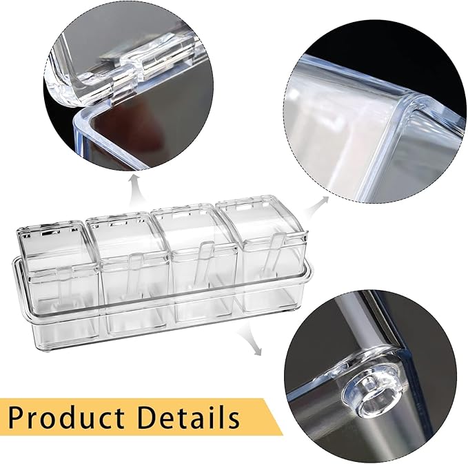 4-Cell Clear Seasoning Rack Spice Box, Storage Container Condiment Jars Acrylic Seasoning Box with Cover and Spoon (Basic Clear)-Ruum Studio Home