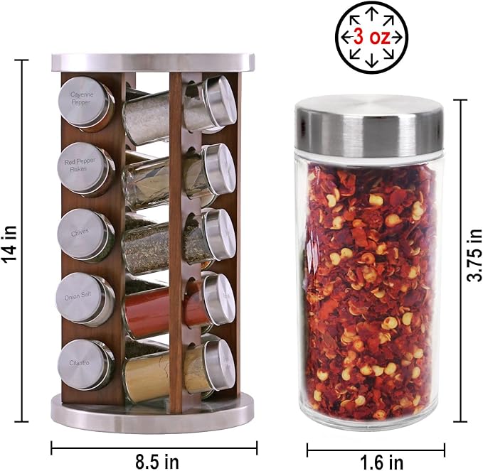 Orii 20 Jar Dark Acacia Wood Spice Rack with Spices Included - Rotating Tower Organizer for Kitchen Spices and Seasonings, (Dark Stained Acacia Wood)-Ruum Studio Home