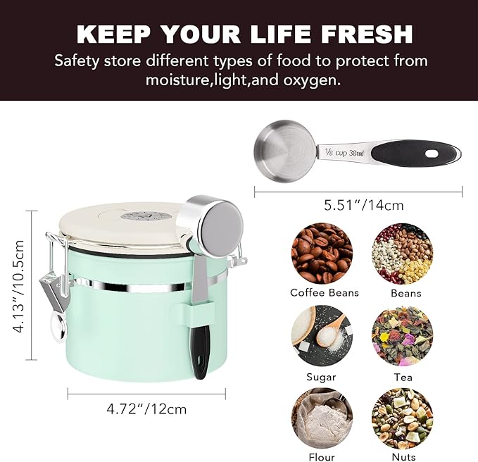 ShanSon Coffee Canister Airtight Coffee Container Stainless Steel Coffee Bean Storage Container with CO2 Release Valve and Scoop Coffee Canister for Beans,Grounds,Sugar,Flour,Tea,Cereal,11OZ,Green-Ruum Studio Home