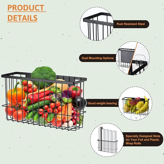 3 Pcs Magnetic or Adhesive Refrigerator Organizer Magnetic Baskets Kitchen Holder for Refrigerator Metal Shelf Rack Storage with 2 Types of Installation(Black)-Ruum Studio Home