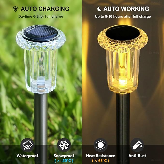 DenicMic Solar Lights Outdoor 10 Pack Waterproof 3000K Warm White LED Acrylic lamp Head Stainless Steel Stake for Landscape Lighting Path Walkway Sidewalk Backyard Patio Decor-Ruum Studio Home