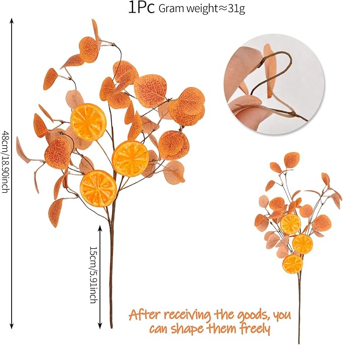 Eucalyptus Stems, 4PCS Artificial Lemon Stems Faux Citrus Branches Plastic Decor for Kitchen, Table Centerpieces, Entryway, Thanksgiving Wedding Party (Orange)-Ruum Studio Home