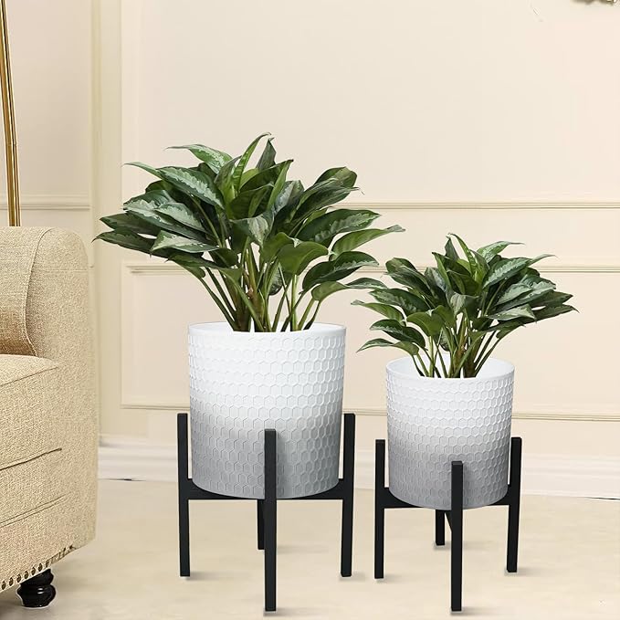 10 & 12 Inches Planters with Metal Sand for Indoor Plants Set of 2,Decorative Plant Pots with Holder, Outdoor Flower Pots with Legs, Modern Garden Pot with Drainage Holes for Snake Plant, House plants-Ruum Studio Home