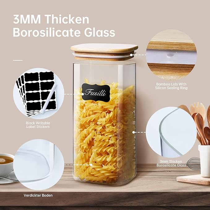 Square Glass Jars with Bamboo Lids 30 FL OZ [Set of 6], Glass Canisters with Airtight Lid, Glass Food Storage Container for Pasta, Flour, Sugar, Rice, Best for Kitchen & Pantry-Ruum Studio Home