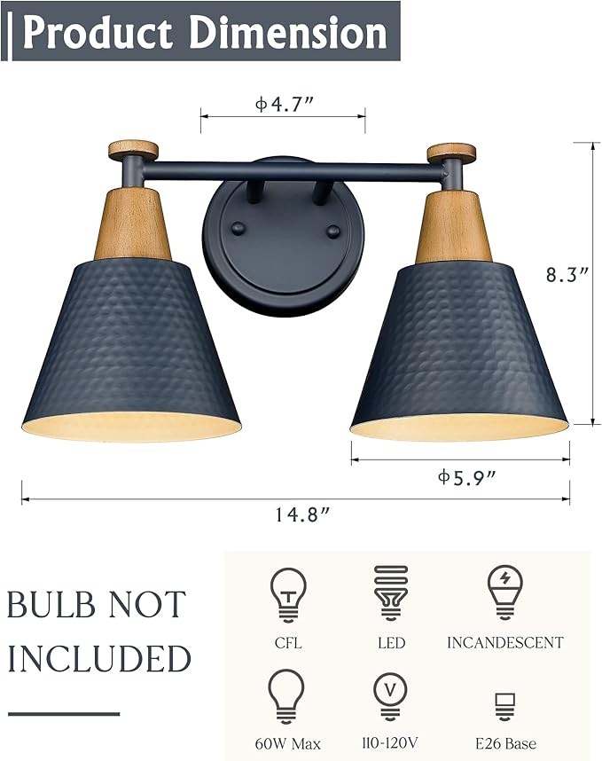 FEMILA 2-Light Bathroom Light Fixtures, Modern Bathroom Vanity Light with Hammered Metal Shade, Dark Blue Sconces Wall Lighting for Mirror Kitchen Bedroom, 4FG59B-2W Blue-Ruum Studio Home