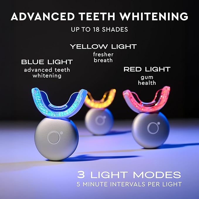 MOON LED Teeth Whitening Kit - Platinum Teeth Whitener Device + 28 Dissolving White Strips - Yellow, Blue, + Red Light Therapy Whitening Tray for Gum Health and Fresh Breath (4 Piece Kit)-Ruum Studio Home
