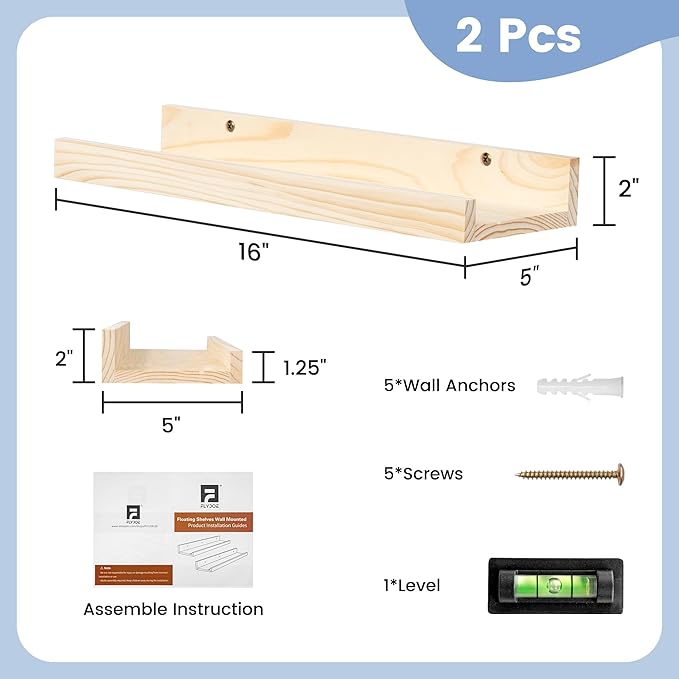 Picture Ledge Shelf for Wall, 16 inch Solid Pine Wood Nursery Book Shelves 2 Packs, Floating Ledge Shelves for Kids' Room Bedroom Bathroom Living Room Photo Frames Office Nursey Wall Decor, Natural-Ruum Studio Home