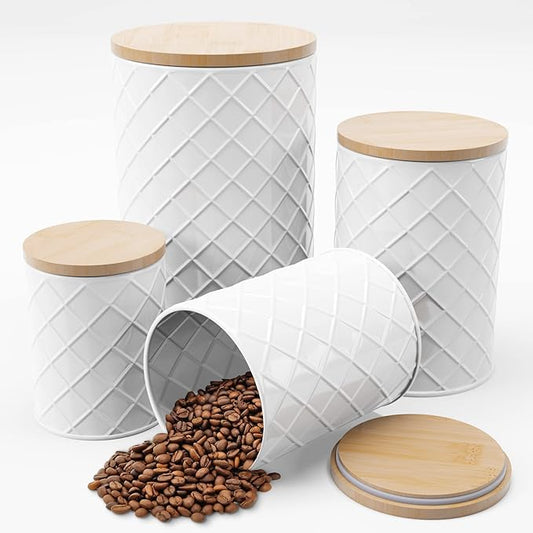 Pebble & Stem® White Metal Canister Set for the Kitchen Counter, Food Canister Set of 4, Airtight Lids, Sugar and Flour Containers for Countertops, Coffee and Tea Storage, Farmhouse Decor-Ruum Studio Home
