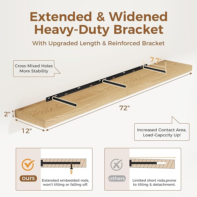 Fun Memories 72 Inch Floating Shelf, 12 Inch Deep Wall Shelf for Fireplace Mantel, Deep Storage Shelves for Home & Office, Wall Shelves with Invisible Bracket, Oak, Set of 1-Ruum Studio Home