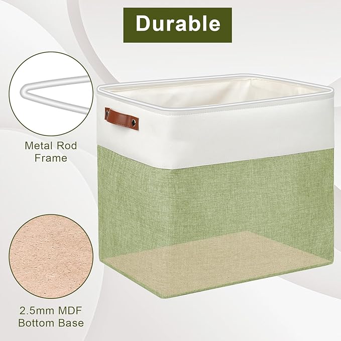 Large Fabric Storage Baskets | 50L Storage Bins, Decorative Linen Closet Baskets with Handles for Organizing, Shelf, Toys, Clothes, Home, Office, Nursery, 17x12x15Inches (Green&White)-Ruum Studio Home