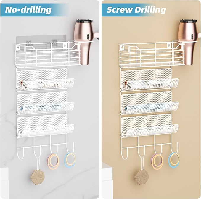 VITVITI Metal Hair Tool Organizer Wall Mount, Hair Dryer Holder with 4 Tier Shelf Basket Hooks, Bathroom Hairs Styling Tool Organizer for Curling Iron/Blow Dryer/Straightener, White-Ruum Studio Home