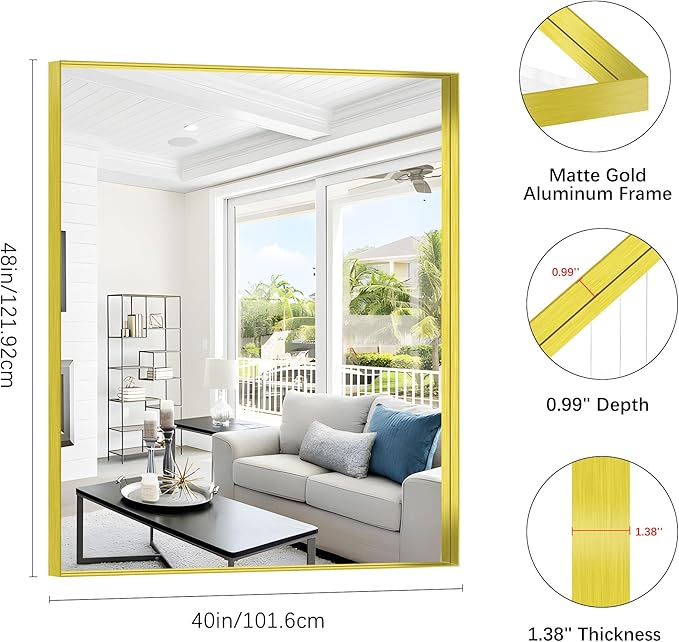 Gold Bathroom Mirror, 40x48 Inch Rectangular Framed Mirror, Large Wall Mounted Bathroom Vanity Mirror Over Sink for Bedroom,Restroom, Living Room, Hangs Vertically or Horizontally-Ruum Studio Home