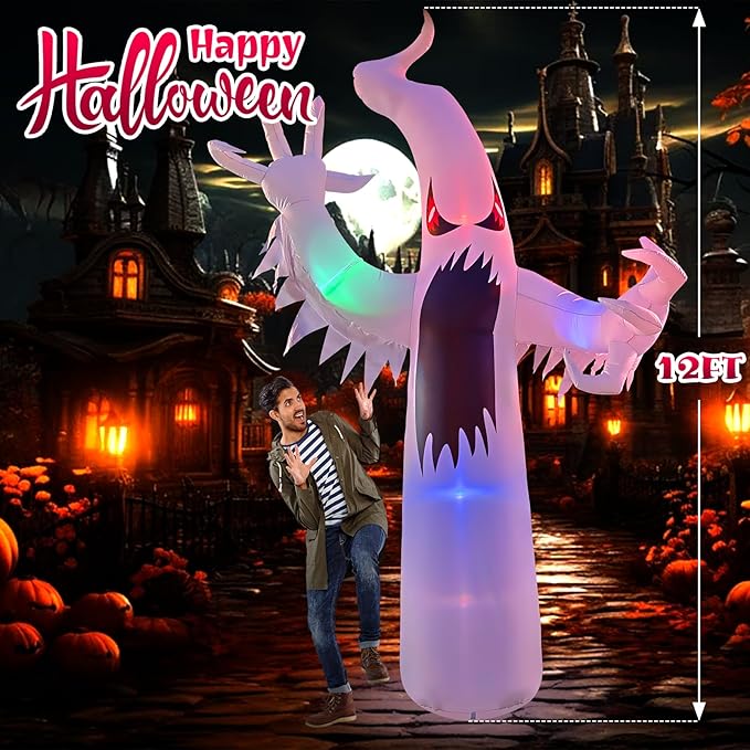 12FT Halloween Inflatables Giant White Ghost, Halloween Inflatable Outdoor Decoration, LED Colored Lights, Scary Red Eyes, Devil Claws, for Indoor and Outdoor Halloween Blow Ups Party Decorations-Ruum Studio Home