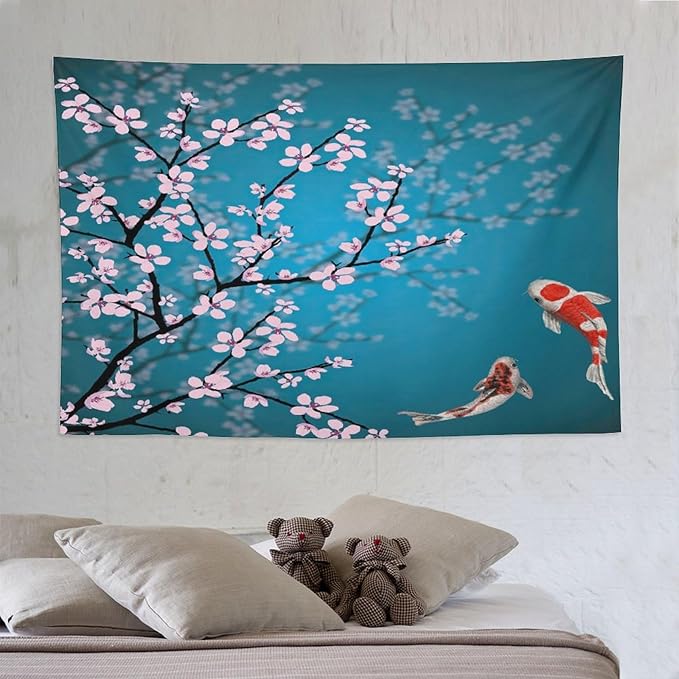 Houselerax Japanese Koi Fish Tapestry, Cherry Blossoms Asian Oriental Green Teal Flower Branch Koi Fish Carp Tapestries Wall Hanging for Bedroom Living Room Office Decor 90"x60"-Ruum Studio Home