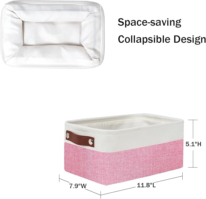 DULLEMELO Small Storage Baskets 6 Pack, Fabric Collapsible Gift Storage Baskets for Shelves, Closets, Nursery, Home, Office Organizing,Small Canvas Linen Rectangular Storage Bins (6-Pack, White&Pink)-Ruum Studio Home