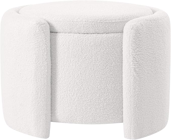 Furniliving Upholstered Button Tufted Round Ottoman, Ottoman with Storage, Teddy Footrest Stool, Removable Lid Convenient Footstools, Bedroom Ottomans with Storage for Vanity, Living Room, White-Ruum Studio Home